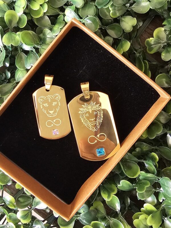 p75 collares pareja león leona acero dorado