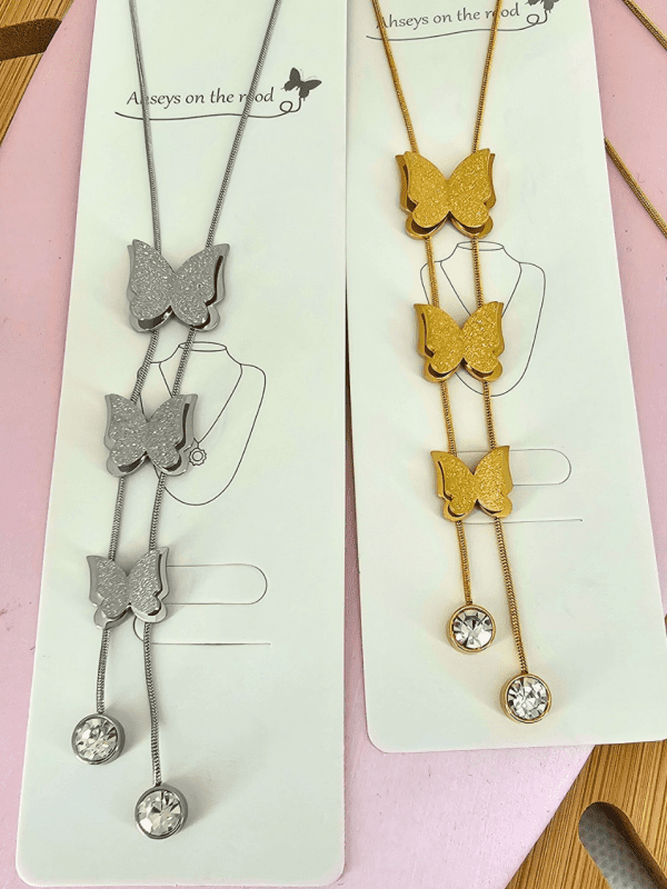 collar triple mariposa acero dorado plateado