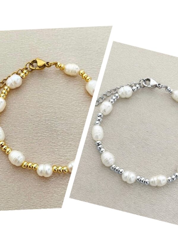 pulsera perlas de río acero dorado y plateado