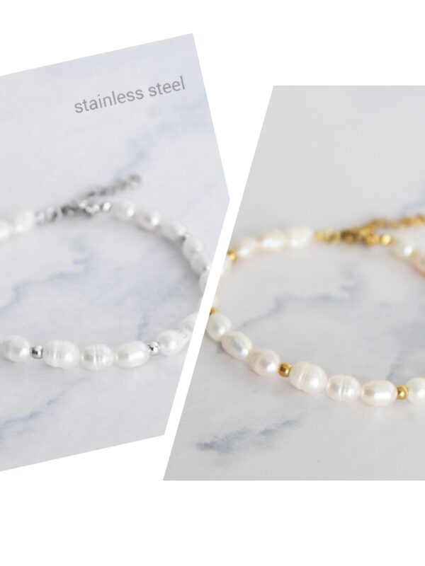 pulsera perlas de río acero dorado y plateado