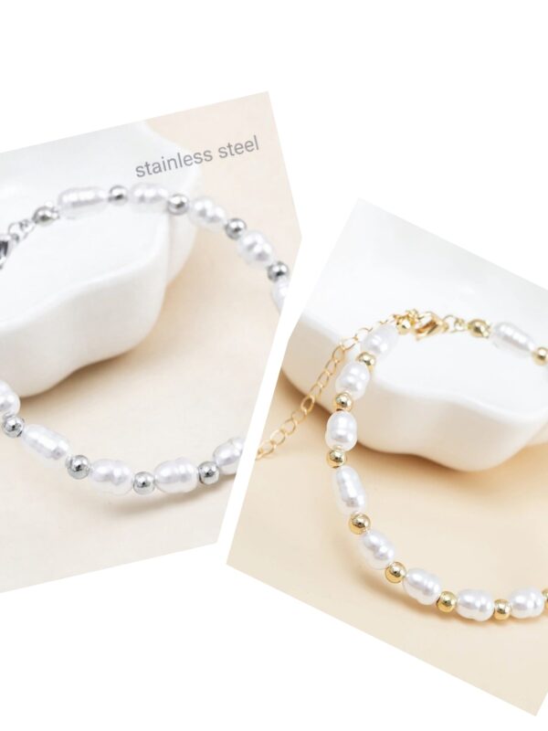 pulsera perlas de rio naturales acero dorado y plateado