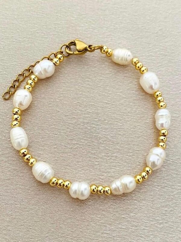 pulsera perlas de río acero dorado y plateado