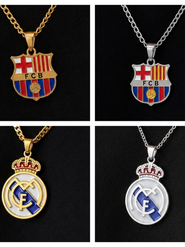 23277ee2-d138-4376-af9f-6af919b98ced collar equipo real madrid, Barcelona fútbol placa acero Plateado y doradodorado con cadena lomo o cartier de 60cm