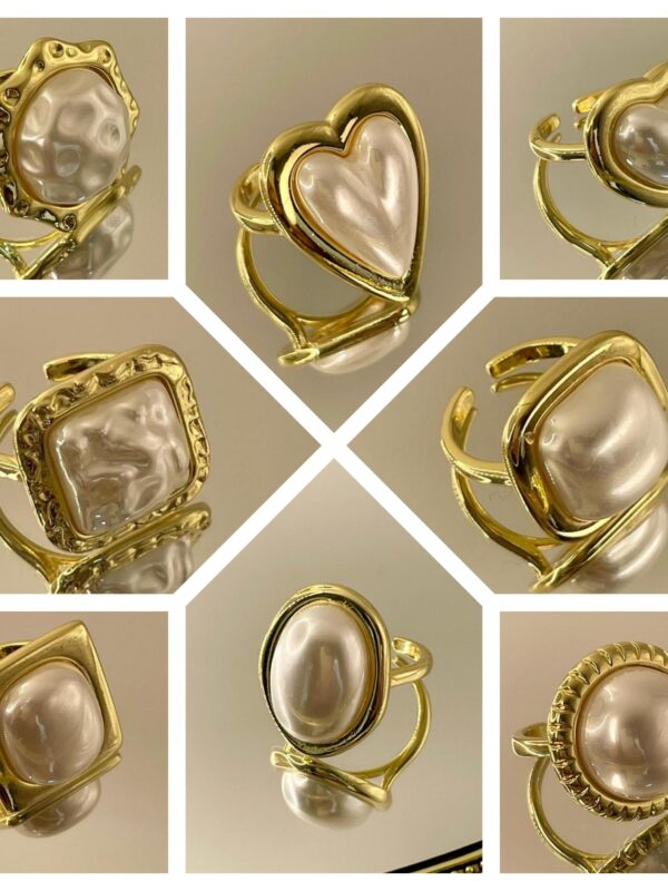 Anillo chunky  perla redondo, cuadrado, corazon, ovalado acero dorado regulable