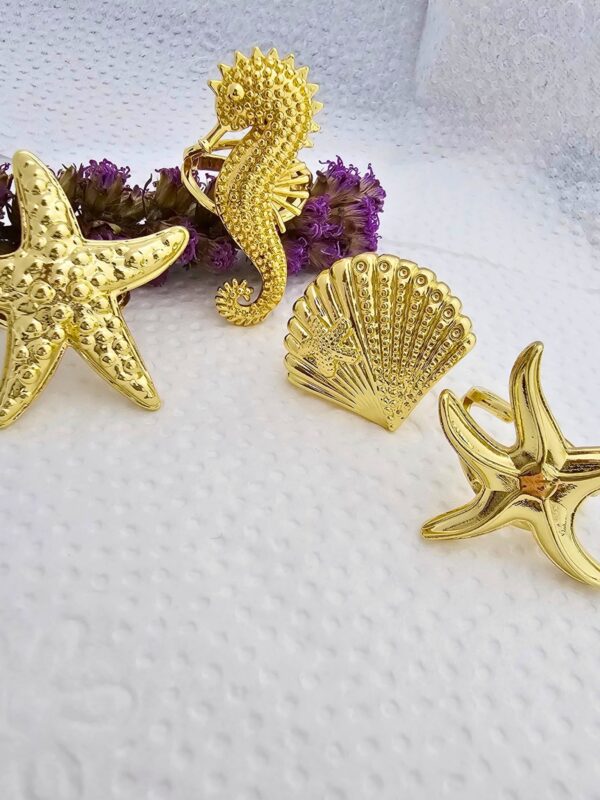 Anillo chunky estrella de mar, caballito de mar, concha de mar acero dorado regulable