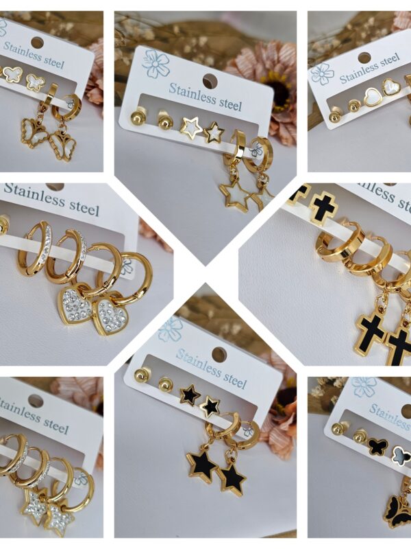 juego aretes acero dorado estrella mariposa corazon y cruz