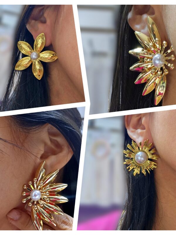 arete sol ,flores perla chunky acero 316 dorado