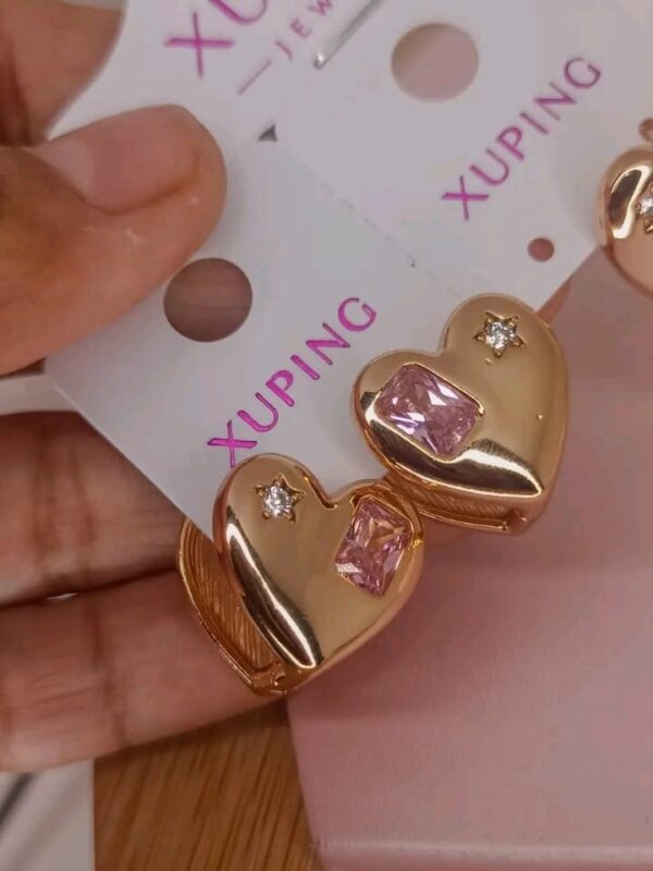 arete doble cara corazon circon rosado xuping jewerly rose