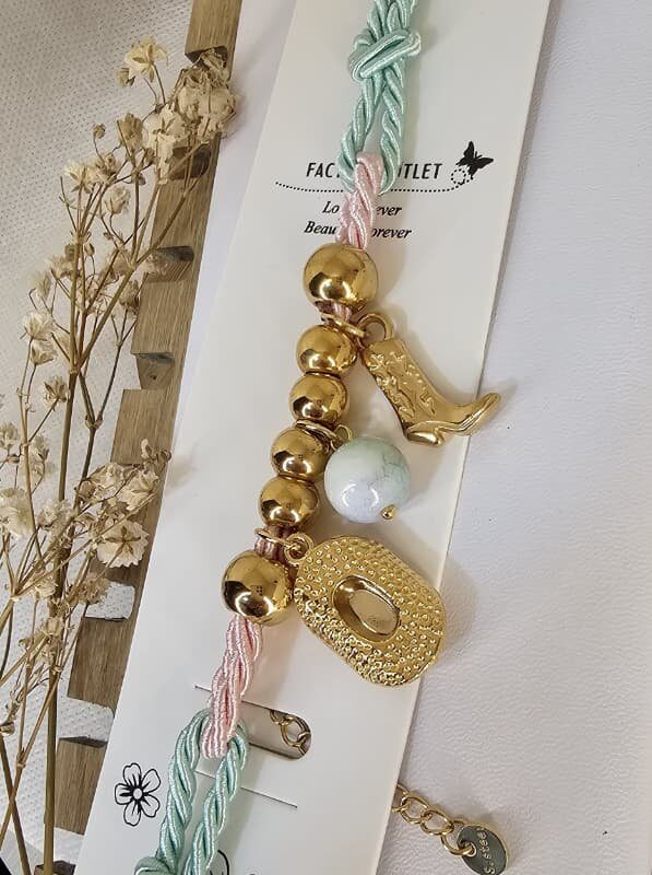 pulsera cuerda, sombrero botas acero 316 dorado