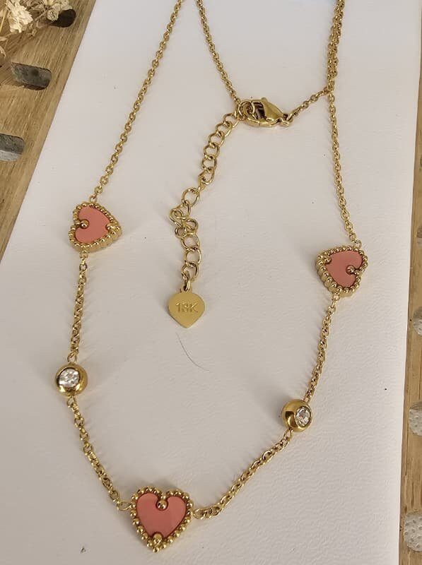 collar corazon rosado puntos de luz acero dorado