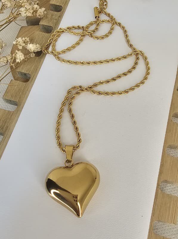 collar corazon chunky bombita, 50cm+extensión acero dorado
