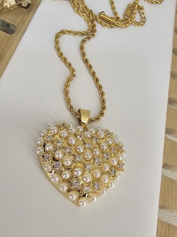 collar corazon perlas chunky, 50cm+extensión acero dorado