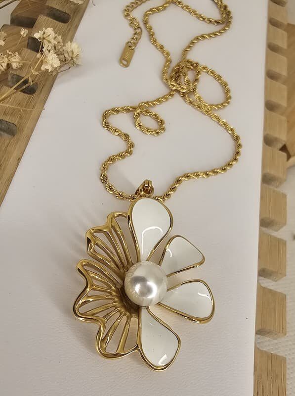 collar flores perla chunky acero dorado  50cm+extensión