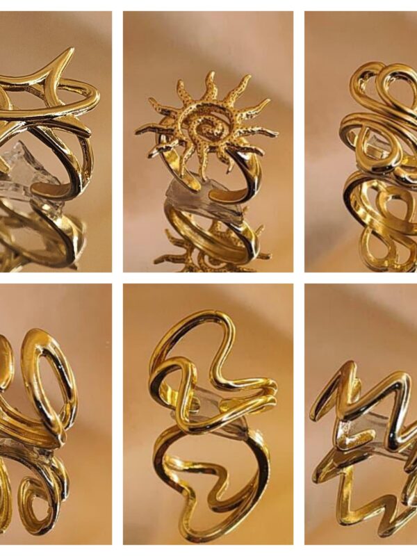 anillos sol, estrella chunky regulable acero dorado