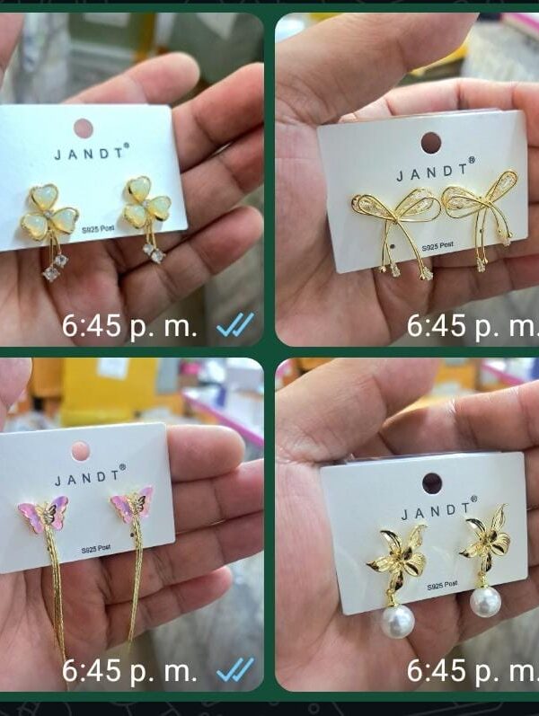 aretes largos coreanos s925 dorado, mariposa, flores perlas, lazo, trebol