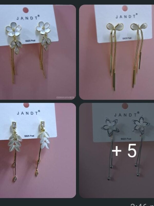 aretes largos coreanos s925 dorado y plateado, perlas corazon. flores, mariposa con circones