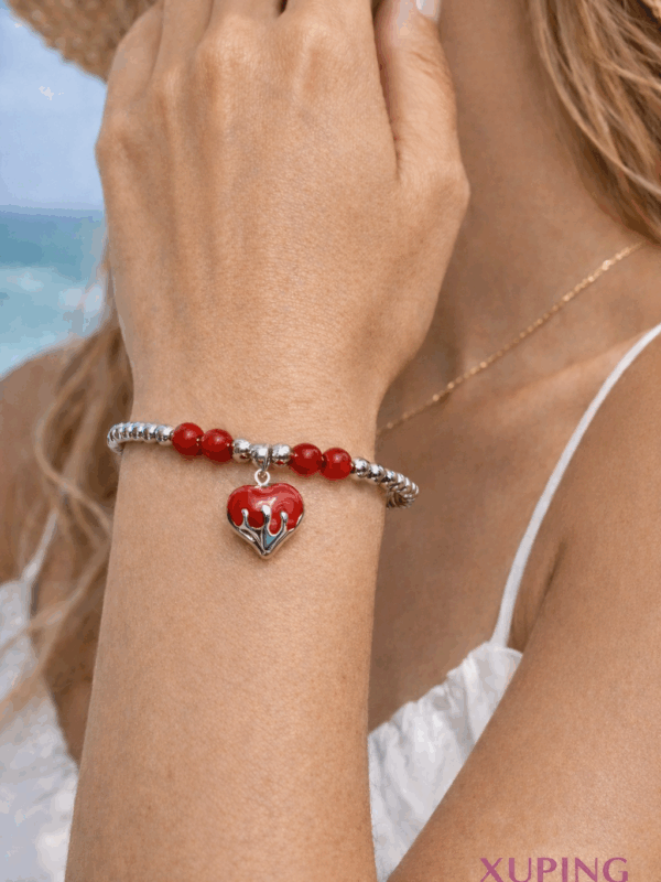 Pulsera corazon rojo xuping TTM acero inoxidable plateado