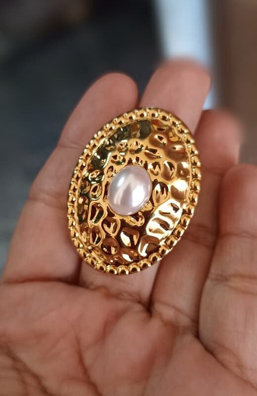 Anillo chuncky 💍 perla doble baño acero dorado regulable