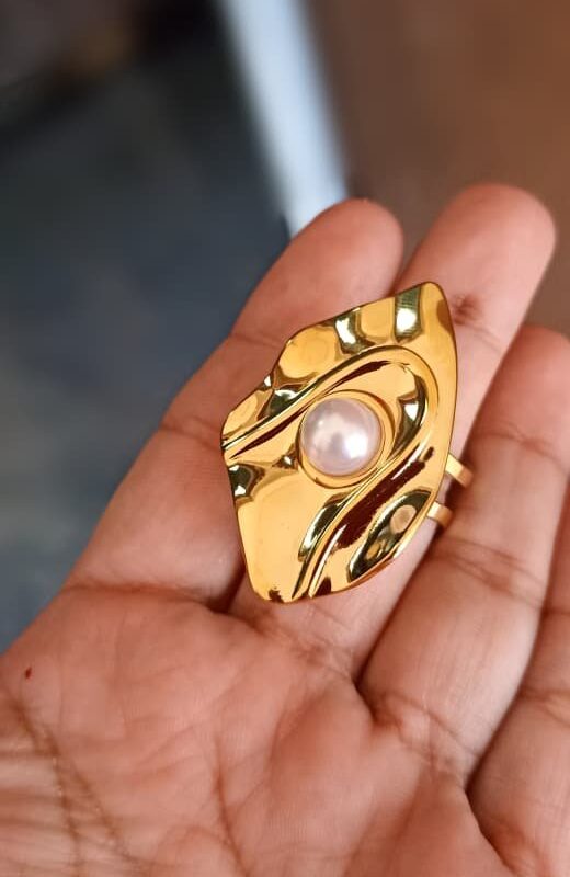 Anillo chuncky 💍 perla doble baño acero dorado regulable