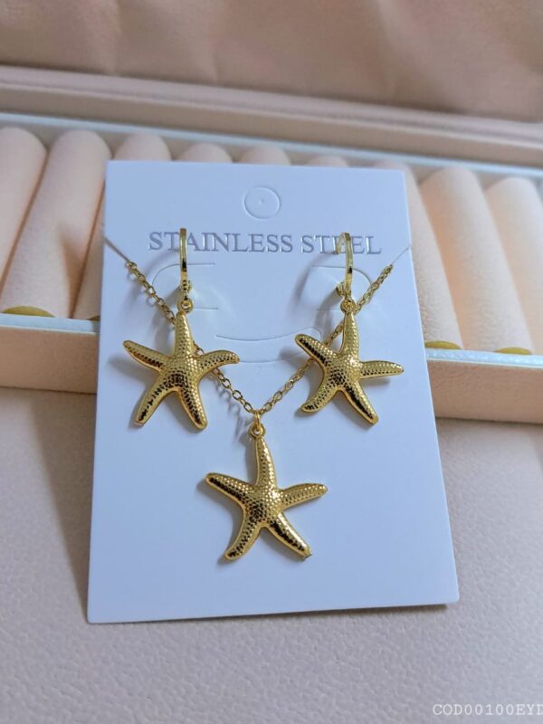 set marino estrella de mar, collar con aretes acero dorado
