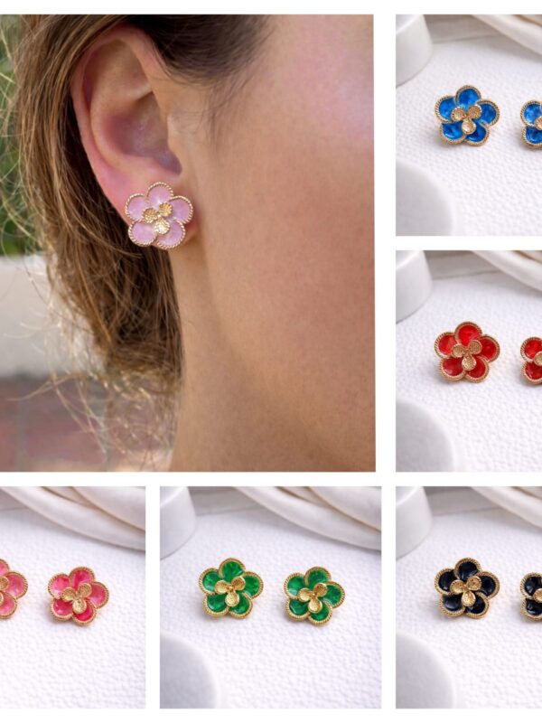 Arete flores 🌸 dorado esmaltado acero. Rosado, Coral, Verde, Negro, Rojo, Azul
