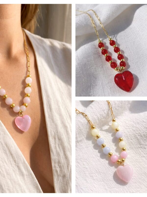 Collar cuarzo corazón, piedras naturales #8 ,  acero dorado