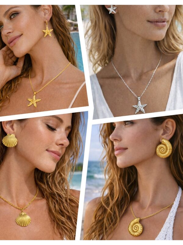 set chunky estrellas, conchas, caracolas de mar, acero dorado y plateado, juegos marinos