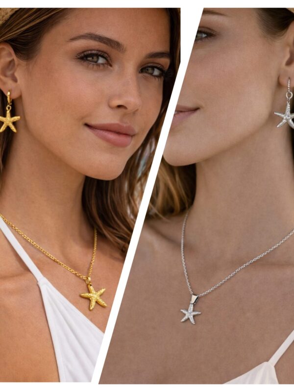 set estrellas de mar, acero plateado y dorado, juegos marinos