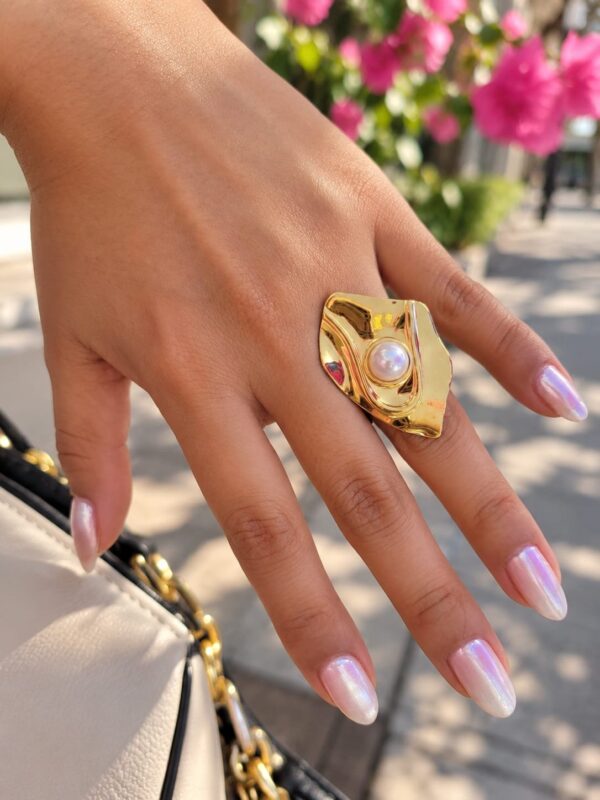 Anillo chuncky 💍 perla doble baño acero 316 dorado regulable